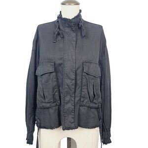 Dear John Bomber Jacket XS Black Chambray Full Zip Frayed Raw‎ Edges Pockets